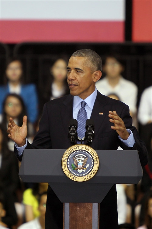 Tổng thống Obama phát biểu tại buổi giao lưu với hơn 600 bạn trẻ là thành viên của Sáng kiến Thủ lĩnh trẻ Đông Nam Á. Ảnh Thanh Vũ-TTXVN