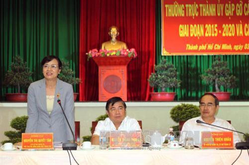 Chủ tịch HĐND Thành phố Hồ Chí Minh Nguyễn Thị Quyết Tâm phát biểu tại buổi gặp gỡ. Ảnh: Thanh Vũ-TTXVN
