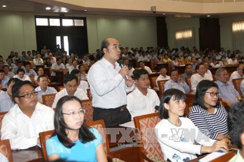 Cán bộ nguồn quy hoạch Hồ Xuân Lâm, Phó Giám đốc Trung tâm Xúc tiến Thương mại Thành phố Hồ Chí Minh phát biểu tại buổi gặp gỡ. Ảnh: Thanh Vũ-TTXVN