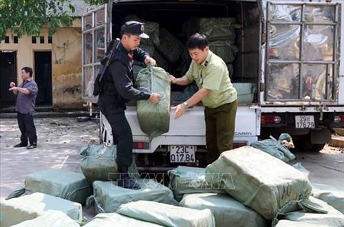 Lực lượng chức năng kiểm đếm số hàng bị bắt giữ. Ảnh: Thái Thuần-TTXVN Lực lượng chức năng kiểm đếm số hàng bị bắt giữ. Ảnh: Thái Thuần-TTXVN