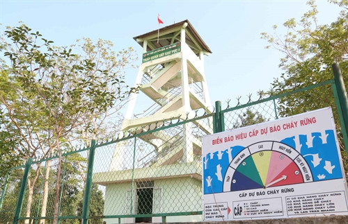 Biển báo hiệu cấp dự báo cháy rừng tại tháp quan sát khu vực 4 (ấp 2, xã Cửa Cạn) của Hạt Kiểm lâm Vườn Quốc gia Phú Quốc đã chuyển sang mức dự báo cấp 5 - cấp cực kỳ nguy hiểm từ cuối tháng 3/2016. Ảnh chụp chiều 31/3/2016.