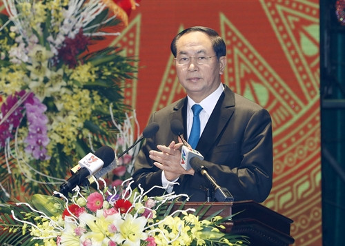 Chủ tịch nước Trần Đại Quang phát biểu tại Lễ kỷ niệm 25 năm Ngày tái lập tỉnh Ninh Bình (1/4/1992 - 1/4/2017). Ảnh: Nhan Sáng-TTXVN