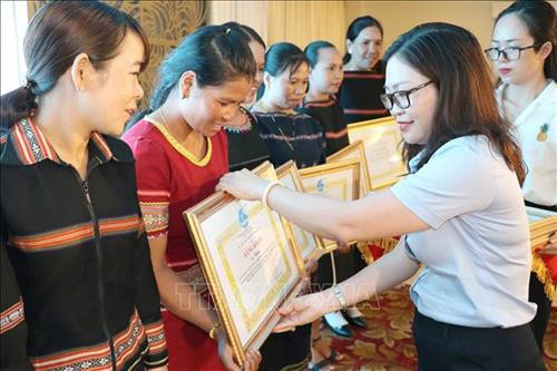 Tặng bằng khen cho các tập thể, cá nhân hoàn thành xuất sắc trong việc thực hiện Chỉ thị số 17-CT/TU ngày 03/3/2014 của Ban thường vụ Tỉnh ủy Gia Lai. Ảnh: Hoài Nam - TTXVN