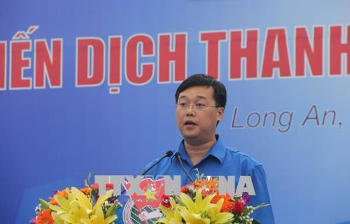 Bí thư thứ nhất Trung ương Đoàn TNCS Hồ Chí Minh Lê Quốc Phong phát biểu. Ảnh: Bùi Trường Giang-TTXVN