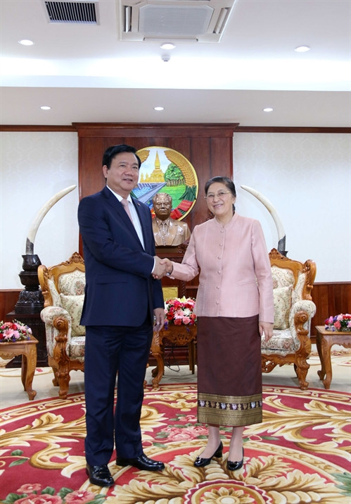 Chủ tịch Quốc hội Lào Pany Yathotou đang tiếp thân mật đồng chí Đinh La Thăng. Ảnh: Phạm Kiên – Phóng viên TTXVN tại Lào