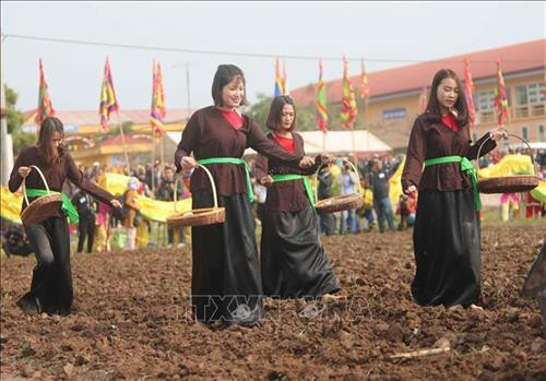 Các thiếu nữ thực hiện nghi thức gieo hạt, sau những đường cày đầu tiên. Ảnh: Thanh Tùng/TTXVN Các thiếu nữ thực hiện nghi thức gieo hạt, sau những đường cày đầu tiên. Ảnh: Thanh Tùng/TTXVN