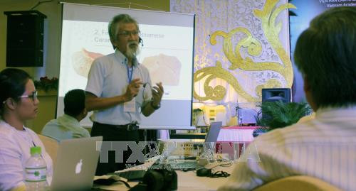 PGS.TS Sakai Takashi (Nhật Bản) tham luận về Ngói có men Việt Nam được tìm thấy ở Trowulan, Indonesia. Ảnh: Phạm Kha - TTXVN