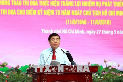 Chủ tịch UBND Thành phố Hồ Chí Minh Nguyễn Thành Phong phát biểu tại lễ phát động. Ảnh: Thanh Vũ-TTXVN Chủ tịch UBND Thành phố Hồ Chí Minh Nguyễn Thành Phong phát biểu tại lễ phát động. Ảnh: Thanh Vũ-TTXVN