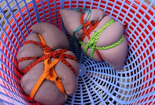 Cho bột nếp lá cẩm vào túi vải, buộc dây chặt để bột khô đến độ thích hợp, lấy ra làm tơi, đem đồ cho chín đều. Cho bột nếp lá cẩm vào túi vải, buộc dây chặt để bột khô đến độ thích hợp, lấy ra làm tơi, đem đồ cho chín đều.