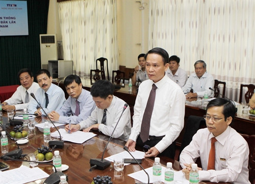 Tổng Giám đốc TTXVN Nguyễn Đức Lợi phát biểu tai lễ ký kết thỏa thuận hợp tác truyền thông với tỉnh Đắk Lắk Ảnh: Dwowg Giang- TTXVN