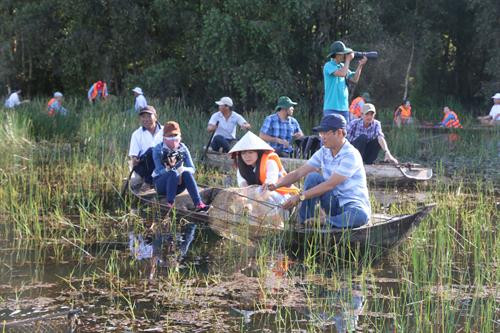 Khách tham quan trải nghiệm mùa nước nổi ở Vườn Quốc gia Tràm Chim.