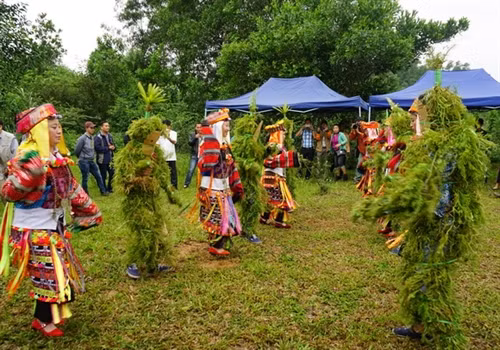 Trước khi vào lễ chính, trưởng họ mời thầy cúng tiền hành lễ trình tổ tiên với nghi thức cắt tiết gà Thầy cúng làm lễ báo cáo và mời tổ tiên về dự lễ và hưởng lễ vật con cháu dâng lên Điểm độc đáo trong trong nghi lễ này là những nam thanh niên khỏe mạnh buộc cỏ cây hoa lên lên người hóa trang thành Ma Cỏ để nhảy múa. Trống đồng là nhạc cụ duy nhất trong lễ cúng tổ tiên của người Lô Lô Các cô gái múa nghi lễ cùng Ma Cỏ theo nhịp trống đồng rộn rã tại bãi đất trống trước nhà giữa các phần cúng của thầy cúng Nghi lễ kết thúc, người trong gia đình đi mời rượu những người tham gia