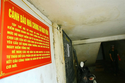 Biển cảnh báo mức độ nguy hiểm tại khu tập thể Bộ Tư pháp.