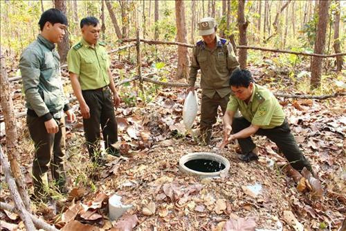 Lực lượng kiểm lâm Bù Đốp kiểm tra nguồn nước chữa chay. Ảnh: K GỬIH -TTXVN
