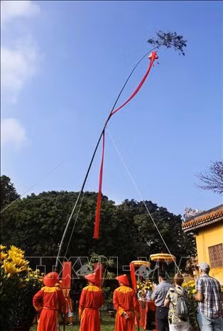 Cây nêu được dựng lên cao vút trên nền trời xanh. Ảnh: Hồ Cầu - TTXVN