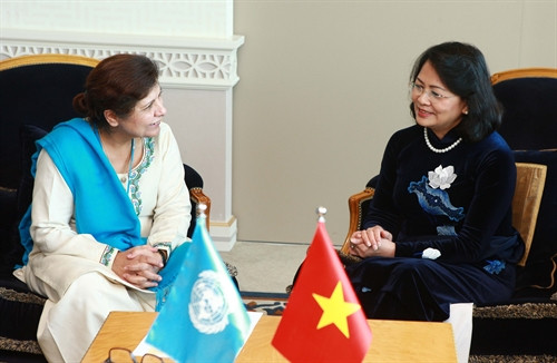 Bên lề phiên họp ECOSOC, Phó Chủ tịch nước đã có cuộc gặp Trợ lý Tổng thư ký, Thư ký điều hành của Ủy ban Kinh tế – Xã hội Thái Bình Dương (ESCAP). Hai bên trao đổi về việc xây dựng trong khuôn khổ ESCAP lộ trình triển khai Chương trình nghị sự 2030 về phát triển bền vững. Ảnh: Lâm Khánh –TTXVN