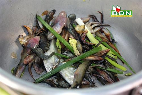 Các loại thủy sản nhỏ như tôm, cua, cá... đánh bắt được từ dòng Sêrêpốk đã được sơ chế trước khi nấu canh chua. Các loại thủy sản nhỏ như tôm, cua, cá... đánh bắt được từ dòng Sêrêpốk đã được sơ chế trước khi nấu canh chua.