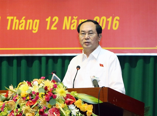 Chủ tịch nước Trần Đại Quang phát biểu ý kiến với các cử tri. Ảnh: Nhan Sáng-TTXVN