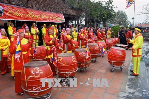 Màn trống hội tại lễ hội chùa Keo đầu năm 2018. Ảnh: Thế Duyệt – TTXVN