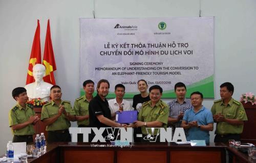 Tổ chức Động vật Châu Á và Vườn Quốc gia Yok Đôn ký kết thỏa thuận hỗ trợ chuyển đổi mô hình du lịch voi. Ảnh: Phạm Cường-TTXVN Tổ chức Động vật Châu Á và Vườn Quốc gia Yok Đôn ký kết thỏa thuận hỗ trợ chuyển đổi mô hình du lịch voi. Ảnh: Phạm Cường-TTXVN
