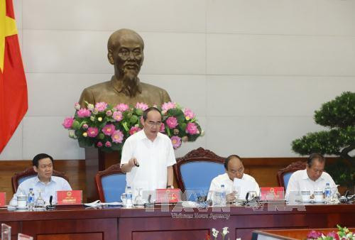 Đồng chí Nguyễn Thiện Nhân, Uỷ viên Bộ Chính trị, Bí thư Thành uỷ Thành phố Hồ Chí Minh phát biểu. Ảnh: Thống Nhất-TTXVN