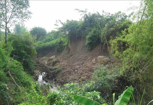 Hàng trăm mét chiều dài của bức tường Thành Tam Vạn đã bị sạt lở. Ảnh: Xuân Tiến - TTXVN