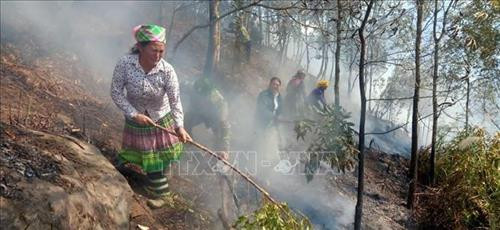Người dân xã Bản Mù (Trạm Tấu, Yên Bái) tham gia diễn tập phòng chống cháy rừng. Ảnh: TTXVN phát