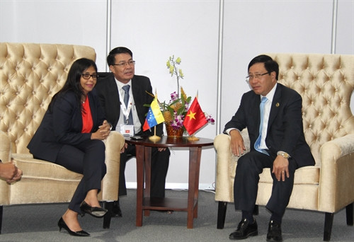 Phó Thủ tướng, Bộ trưởng Ngoại giao Phạm Bình Minh gặp Ngoại trưởng Venezuela Delcy Rodriguez . Ảnh: VŨ Lê Hà- TTXVN