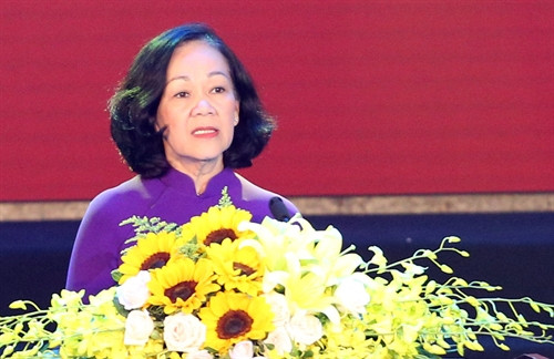 Bà Trương Thị Mai, Ủy viên Bộ Chính trị, Bí thư Trung ương Đảng, Trưởng ban Dân Vận Trung ương phát biểu tại buổi lễ. Ảnh: Trần Lê Lâm – TTXVN