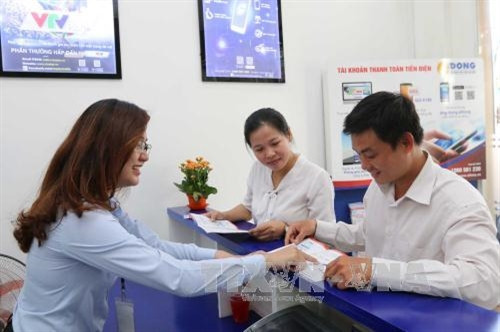 Đoàn thanh niên EVN HCMC hướng dẫn khách hàng thanh toán tiền điện không dùng tiền mặt và các dịch vụ về điện. Ảnh: Thanh Vũ-TTXVN