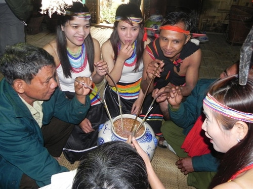 Đôi vợ chồng trẻ người Cor với nghi thức uống chung cần rượu.