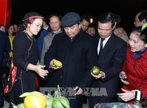 Thủ tướng Nguyễn Xuân Phúc xem và nghe giới thiệu sản phẩm tiêu biểu được trưng bày. Ảnh: Thống Nhất –TTXVN