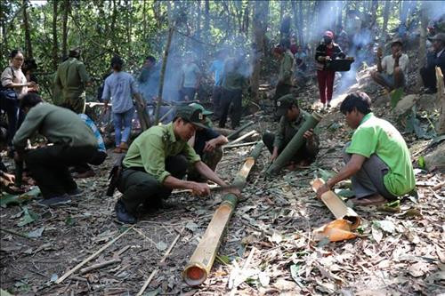 Cây lồ ô được khoét rãnh để đựng thức ăn cúng thần Rừng. Ảnh: Hồng Điệp - TTXVN Cây lồ ô được khoét rãnh để đựng thức ăn cúng thần Rừng. Ảnh: Hồng Điệp - TTXVN