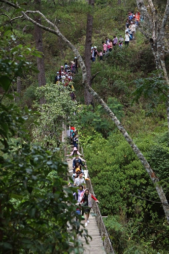 Du khách đi qua cây cầu treo vào làng Cù Lần.