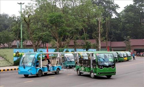 Hơn 60 xe điện đã sẵn sàng phục vụ du khách về với Lễ hội Đền Hùng năm nay. Ảnh: Trung Kiên - TTXVN