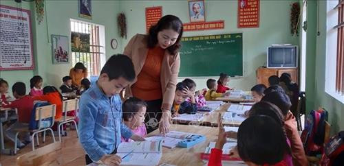 Cô Nguyễn Thị Kim Anh kiểm tra giờ tự học của học sinh trường Tiểu học Châu Khê (Con Cuông, Nghệ An). Ảnh: Bích Huệ - TTXVN