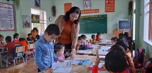 Cô Nguyễn Thị Kim Anh kiểm tra giờ tự học của học sinh trường Tiểu học Châu Khê (Con Cuông, Nghệ An). Ảnh: Bích Huệ - TTXVN
