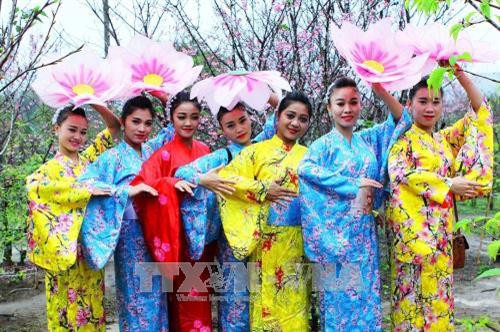 Du khách chụp ảnh lưu niệm trong bộ trang phục Kimono truyền thống Nhật Bản bên những cành hoa Anh Đào. Ảnh: Phan Tuấn Anh - TTXVN Du khách chụp ảnh lưu niệm trong bộ trang phục Kimono truyền thống Nhật Bản bên những cành hoa Anh Đào. Ảnh: Phan Tuấn Anh - TTXVN