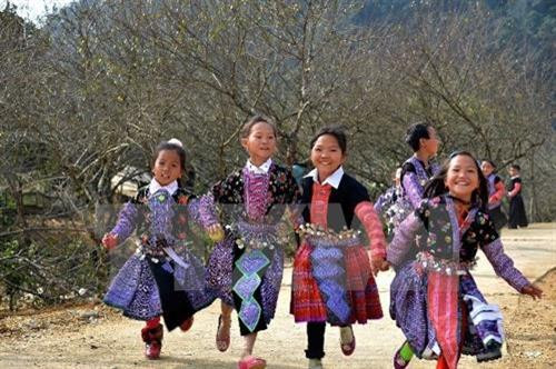 Trẻ em dân tộc Mông ở huyện Mộc Châu (Sơn La). Ảnh TTXVN Trẻ em dân tộc Mông ở huyện Mộc Châu (Sơn La). Ảnh TTXVN