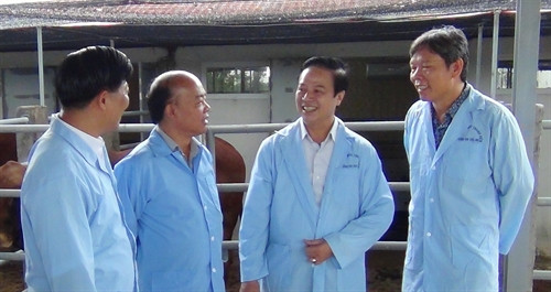 Bể ổn nhiệt, tủ cân bằng lạnh, máy đông lạnh tinh. Cục trưởng Cục chăn nuôi (Bộ Nông nghiệp và Phát triển Nông thôn) Hoàng Thanh Vân (thứ 2, từ phải) trao đổi kinh nghiệm ứng dụng công nghệ cao vào sản xuất tinh bò thịt ở một số nước trên thế giới với các cán bộ, lãnh đạo ngành nông nghiệp Hà Nội.