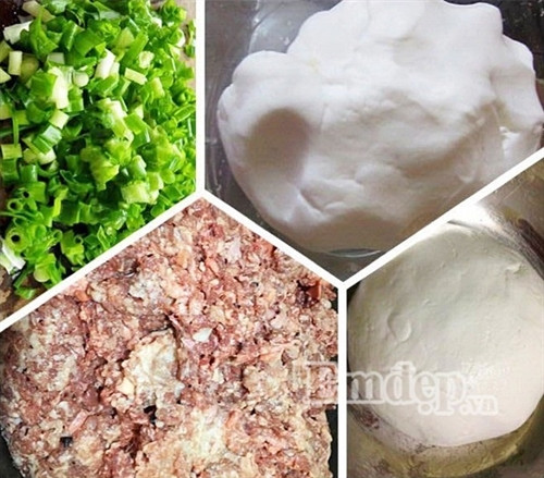 Nhân bánh được làm bằng nguyên liệu: Thịt nạc vai băm nhỏ, hành hoa thái nhỏ, mộc nhĩ, nước mắm, gia vị nêm nếm cho vừa ăn. Nhân bánh được làm bằng nguyên liệu: Thịt nạc vai băm nhỏ, hành hoa thái nhỏ, mộc nhĩ, nước mắm, gia vị nêm nếm cho vừa ăn.