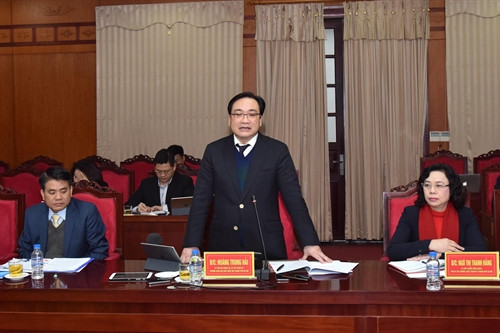 Ủy viên Bộ Chính trị, Bí thư Thành ủy Hà Nội Hoàng Trung Hải phát biểu tại buổi làm việc. Ảnh: Nguyễn Chiến- TTXVN