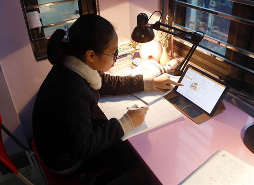 Học sinh lớp 6 trường THCS Lam Sơn, thành phố Hưng Yên học Tiếng Anh trực tuyến tại nhà. Ảnh: Phạm Kiên - TTXVN