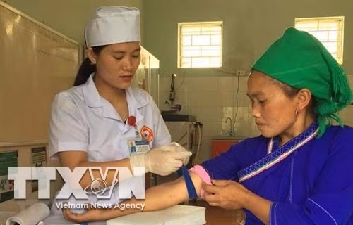 Vàng Thị Hơn, người dân tộc La Chí (Hà Giang) khám bệnh cho đồng bào tại bệnh viện huyện Xín Mần (Hà Giang). Ảnh: TTXVN phát