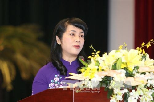 Chủ tịch LĐLĐ Thành phố Hồ Chí Minh Trần Kim Yến phát biểu. Ảnh: Thanh Vũ-TTXVN