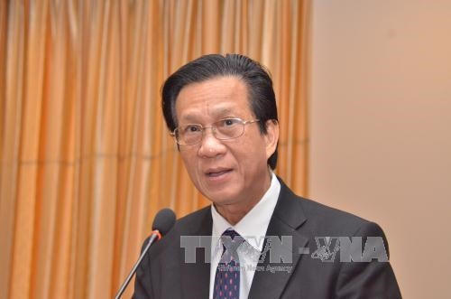 Đại sứ Việt Nam tại Campuchia Thạch Dư phát biểu khai mạc tọa đàm. Ảnh: Trần Chí Hùng-Phóng viên TTXVN tại Campuchia.