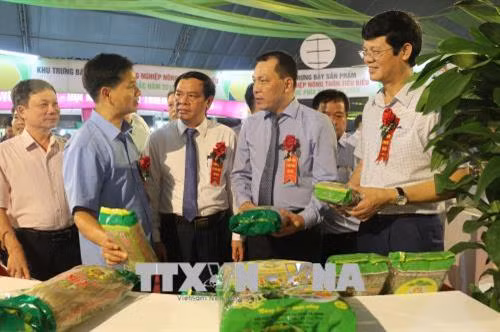 Các đại biểu tham quan các sản phẩm được trưng bày tại Hội chợ. Ảnh: Bích Huệ - TTXVN