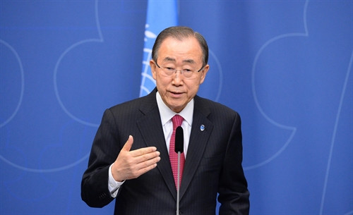 Trong ảnh (tư liệu): TTK LHQ Ban Ki-moon phát biểu trong một cuộc họp báo tại Stockholm, Thụy Điển ngày 30/3. AFP/TTXVN