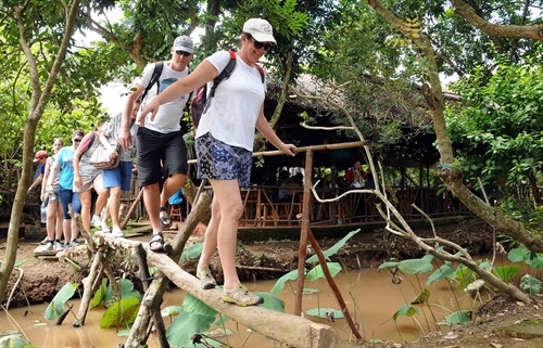 Du khách trải nghiệm đi cầu khỉ tại cù lao Thới Sơn. Du khách trải nghiệm đi cầu khỉ tại cù lao Thới Sơn.