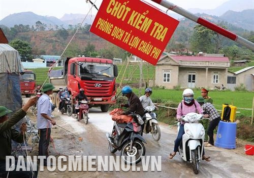 Để ngăn chặn dịch tả lợn châu Phi lây lan, các phương tiện ra vào vùng dịch phải được phun thuốc tiêu độc khử trùng. Ảnh: Quý Trung Để ngăn chặn dịch tả lợn châu Phi lây lan, các phương tiện ra vào vùng dịch phải được phun thuốc tiêu độc khử trùng. Ảnh: Quý Trung